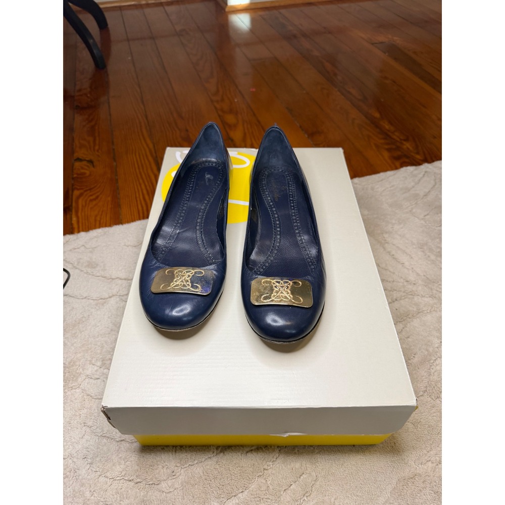 Brooks Brothers Navy Blue Leather Ballet Flats Gold Buckle Made in Italy Size 9